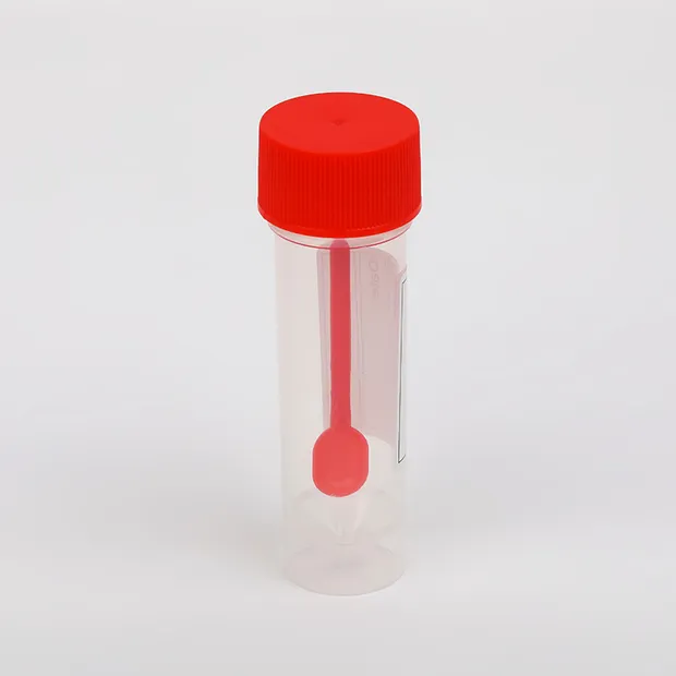 Disposable Medical Plastic Stool Container 30ml with Spoon, Red Cap 